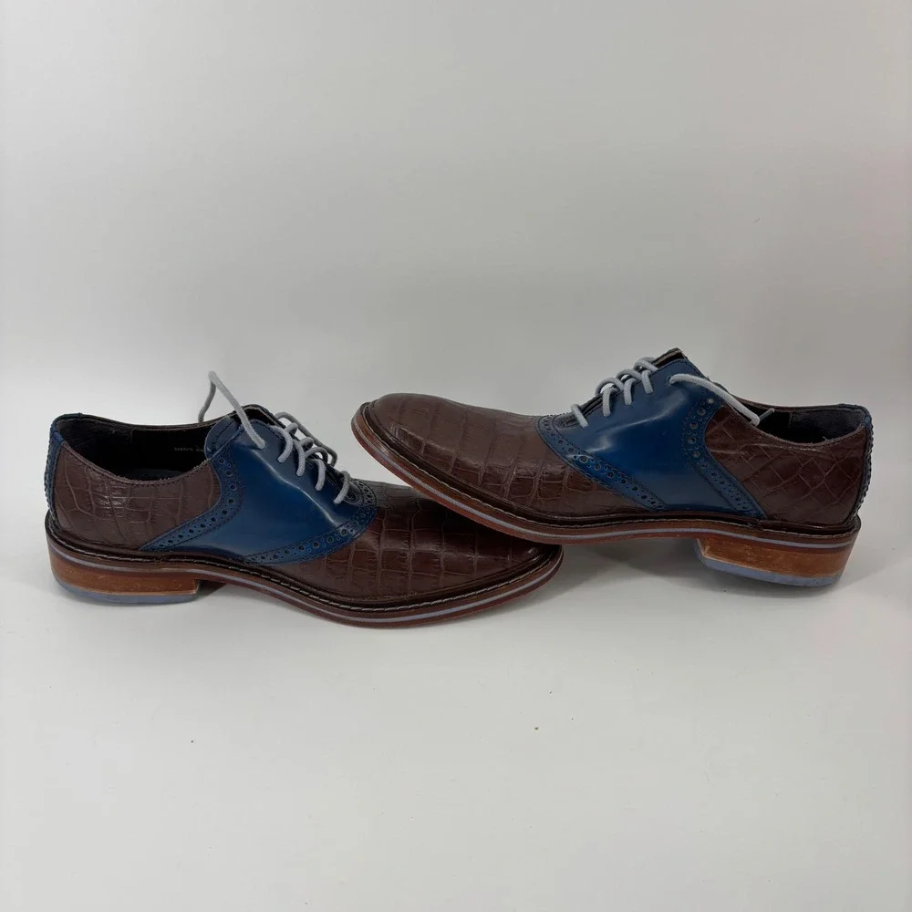 Cole Haan Mens Oxford Shoes 8.5 Brown Blue Croc Embossed Leather Brogue Wingtip